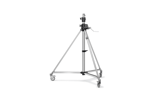 A front facing view of the Manfrotto Super Wind-Up light stand, with wheels on the bottom and a light mount on the top.