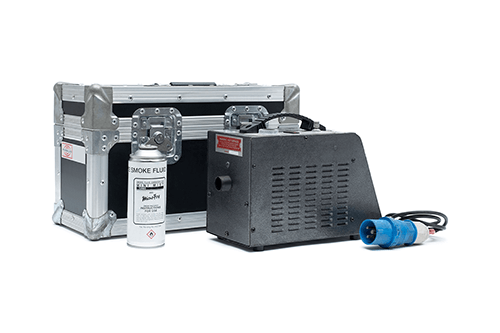 A Mini Mist smoke machine next to its storage container and a smoke fluid canister.